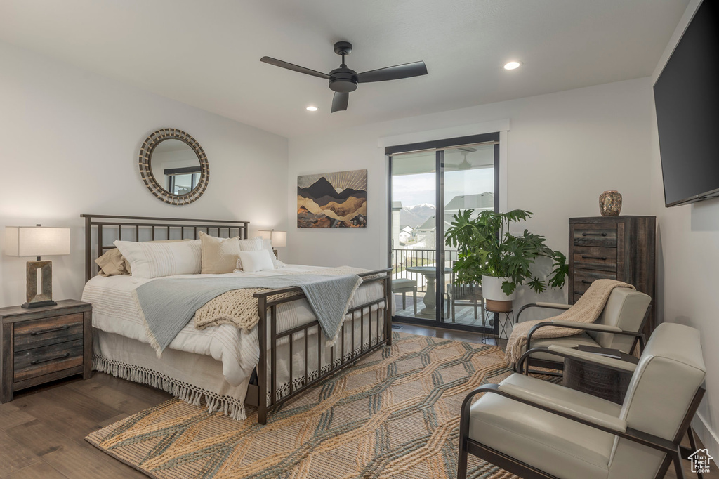 Bedroom featuring access to outside, wood finished floors, recessed lighting, and ceiling fan