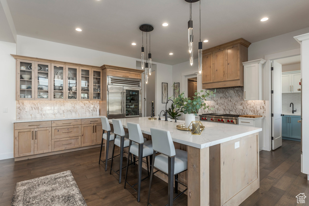 Kitchen featuring tasteful backsplash, a sink, dark wood-style floors, and recessed lighting