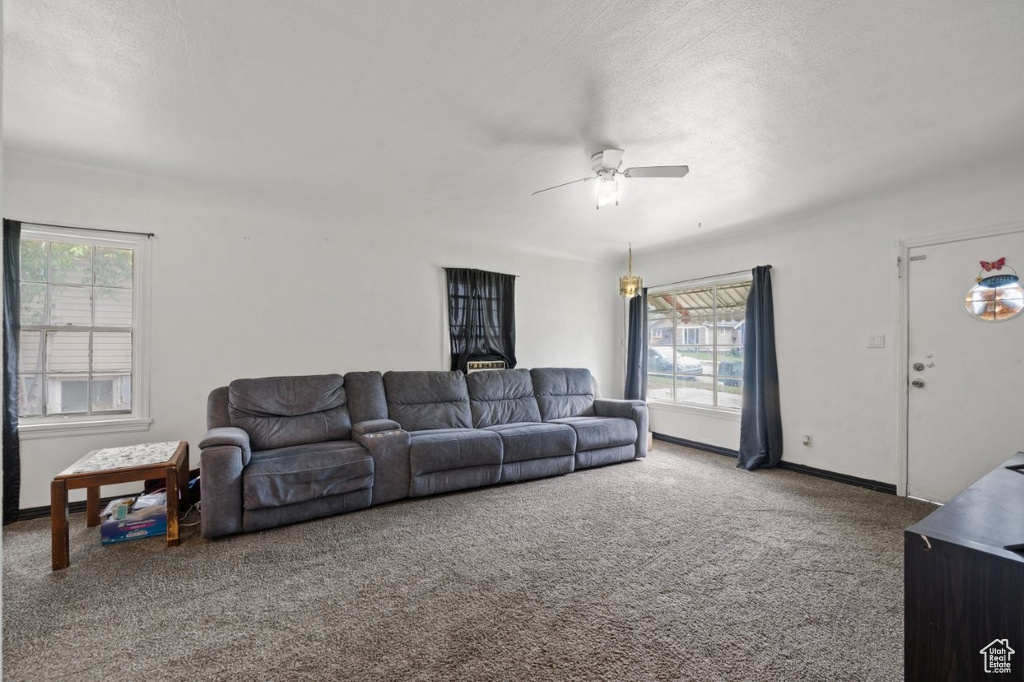 Living area with carpet floors, a ceiling fan, and baseboards