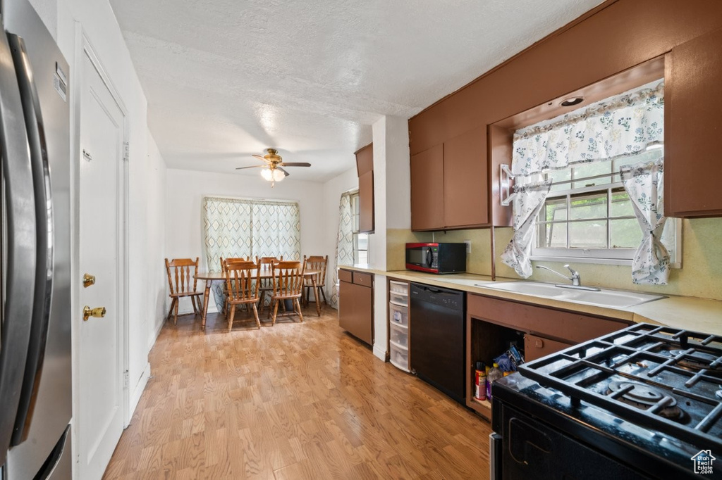 Kitchen featuring black appliances, light countertops, ceiling fan, light wood-style floors, and a sink