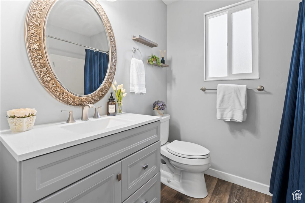 Bathroom with baseboards, wood finished floors, toilet, and vanity