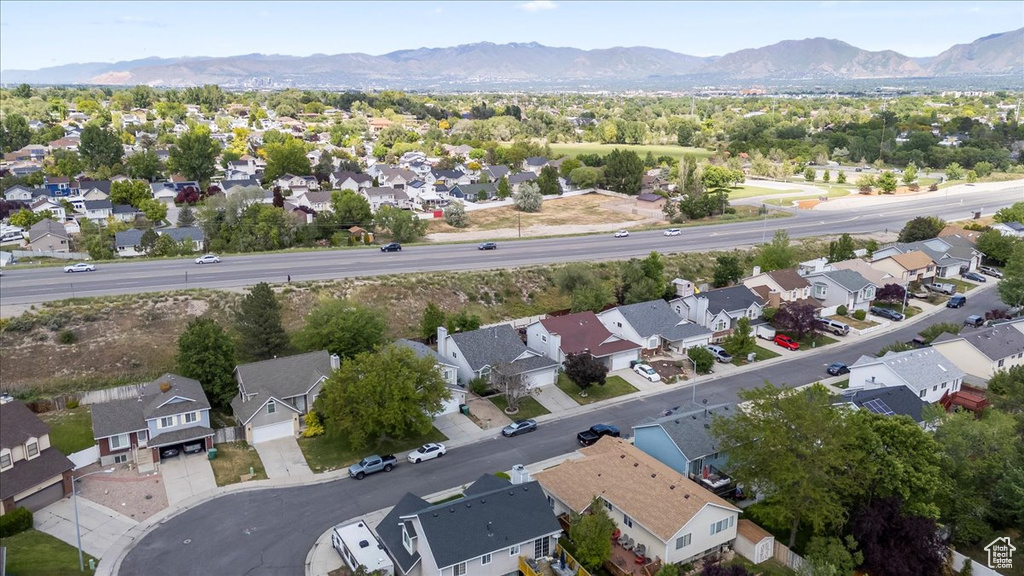 Aerial view of residential area with mountains