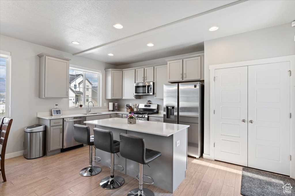 Kitchen with stainless steel appliances, gray cabinetry, light wood-style floors, a sink, and a breakfast bar