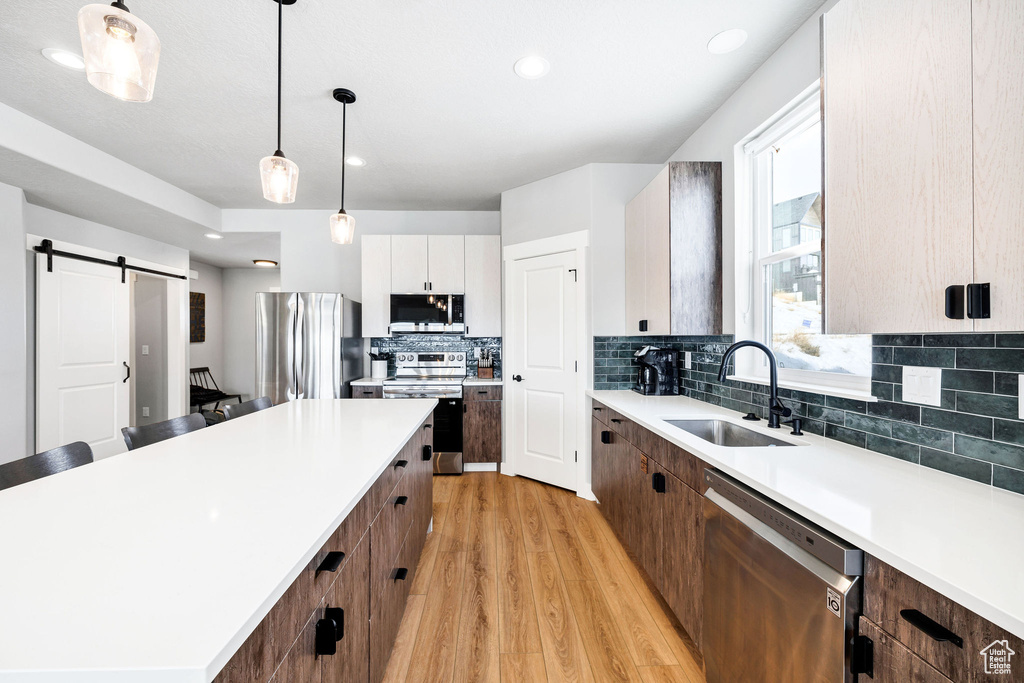 Kitchen featuring stainless steel appliances, a barn door, a sink, light wood-style flooring, and light countertops