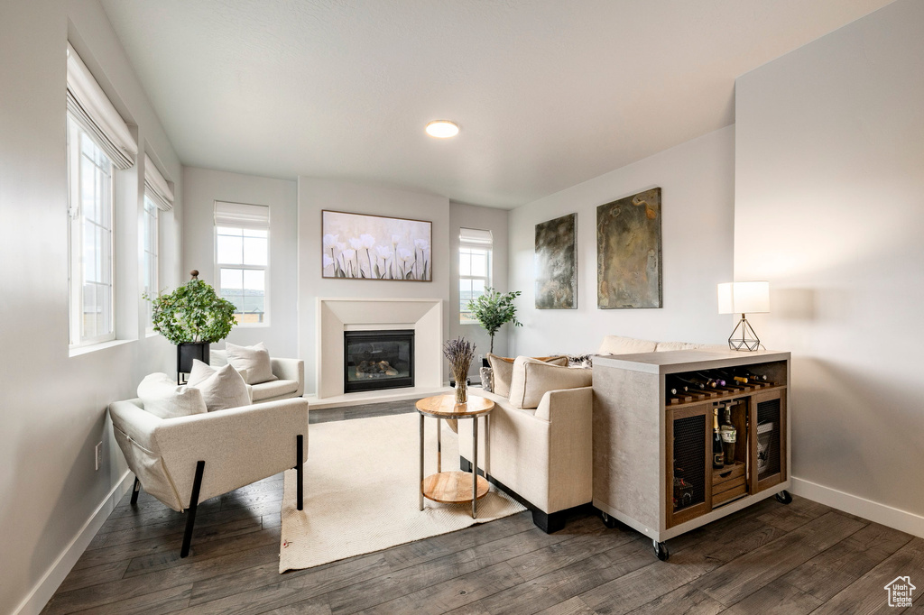 Living room featuring baseboards, plenty of natural light, dark wood finished floors, a glass covered fireplace, and recessed lighting