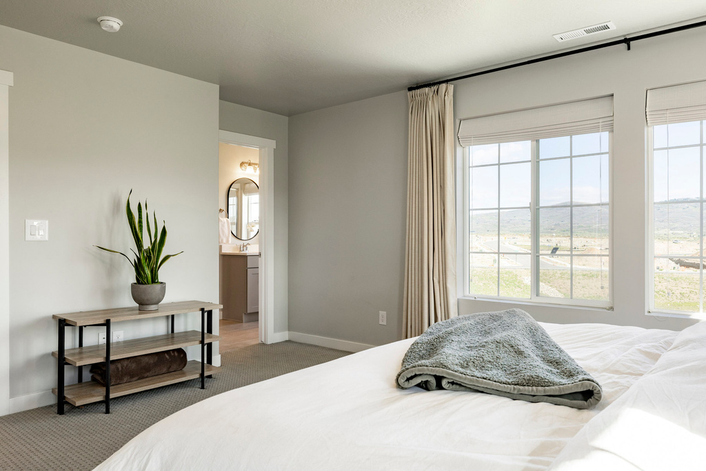 Bedroom with carpet floors, multiple windows, and baseboards