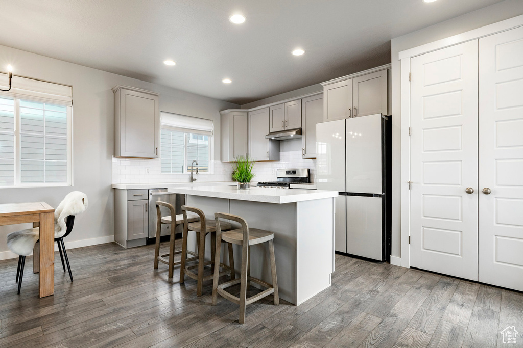 Kitchen with appliances with stainless steel finishes, under cabinet range hood, gray cabinetry, a kitchen island, and backsplash