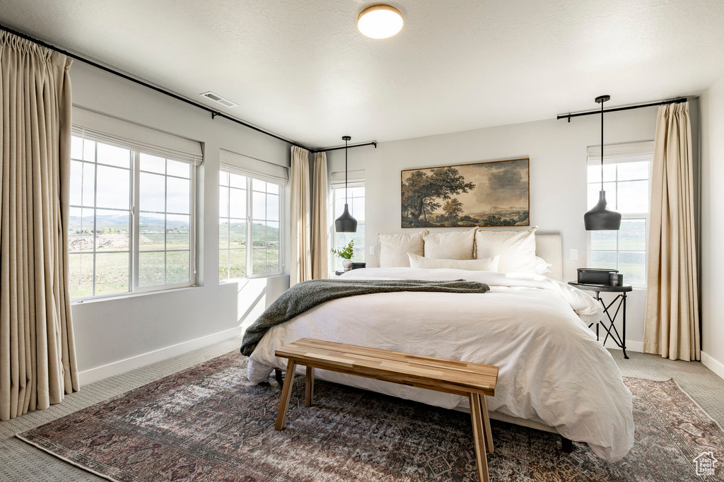 Carpeted bedroom with baseboards