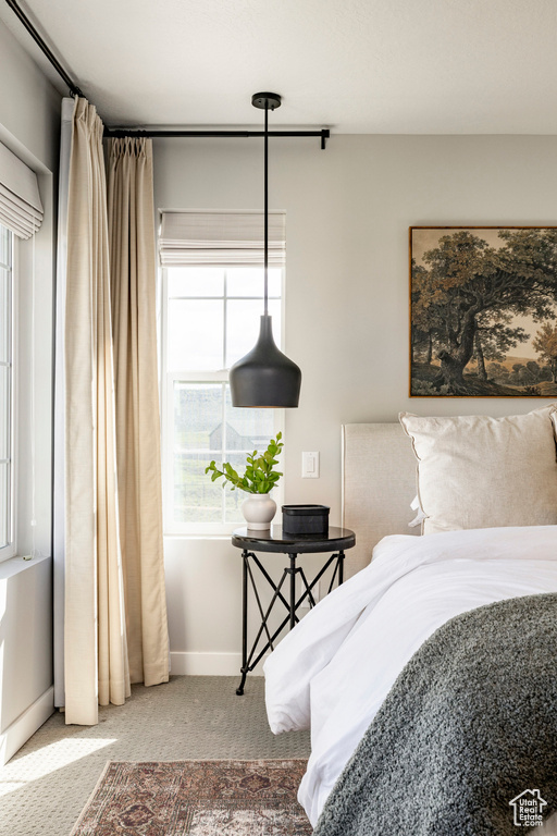 Bedroom featuring carpet flooring and baseboards