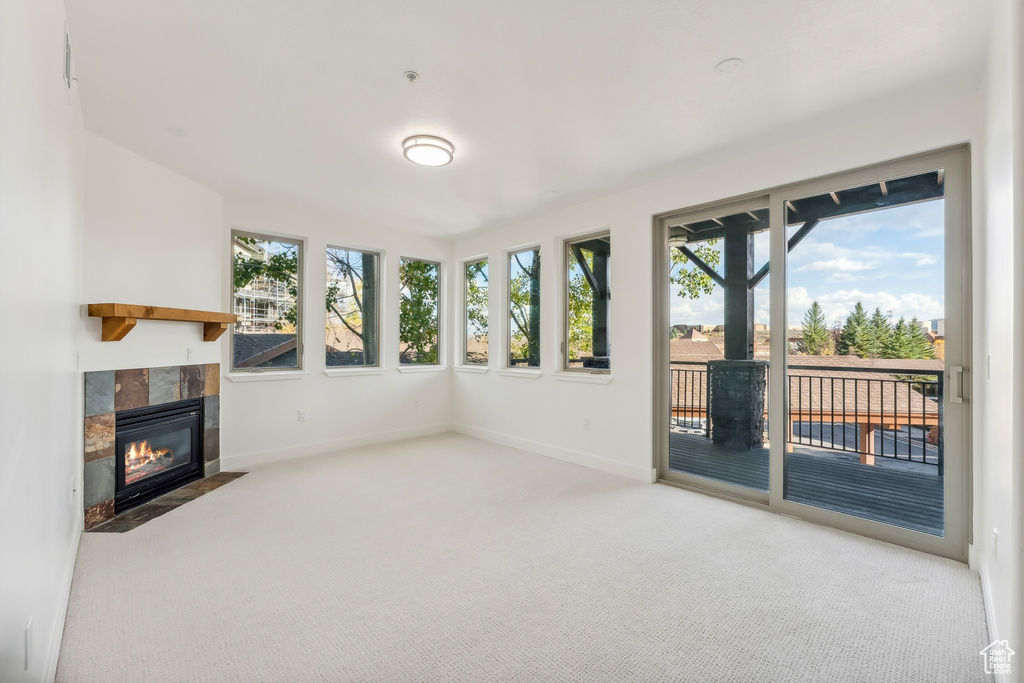 Unfurnished sunroom featuring carpet floors, healthy amount of natural light, and baseboards