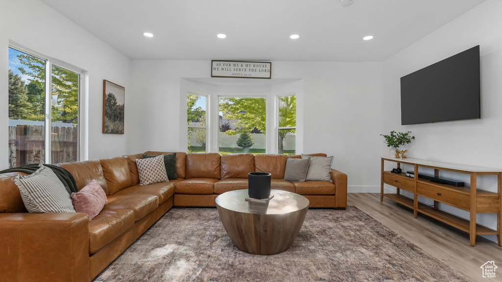 Living area with wood finished floors and recessed lighting