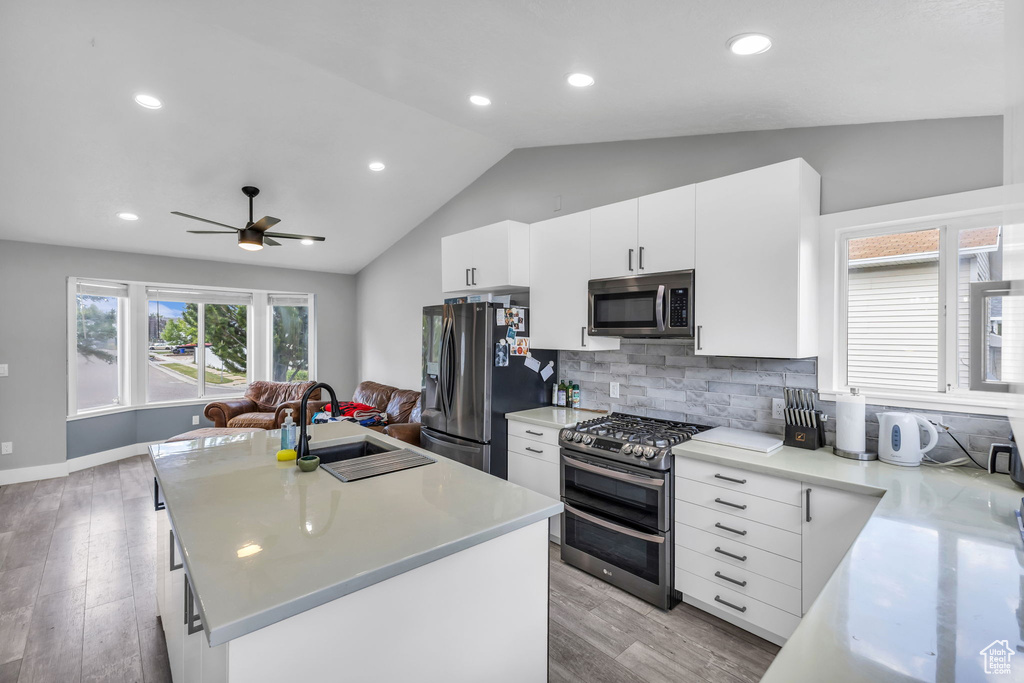 Kitchen with stainless steel appliances, a sink, open floor plan, ceiling fan, and light countertops