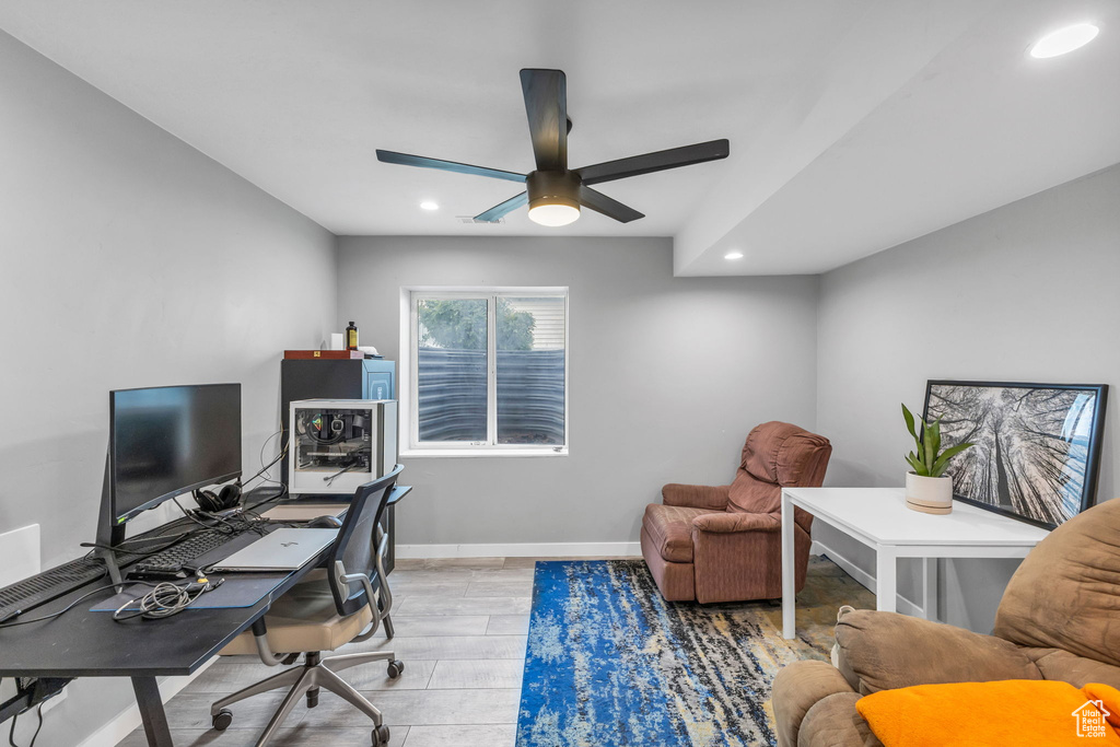 Office area featuring recessed lighting, ceiling fan, and baseboards