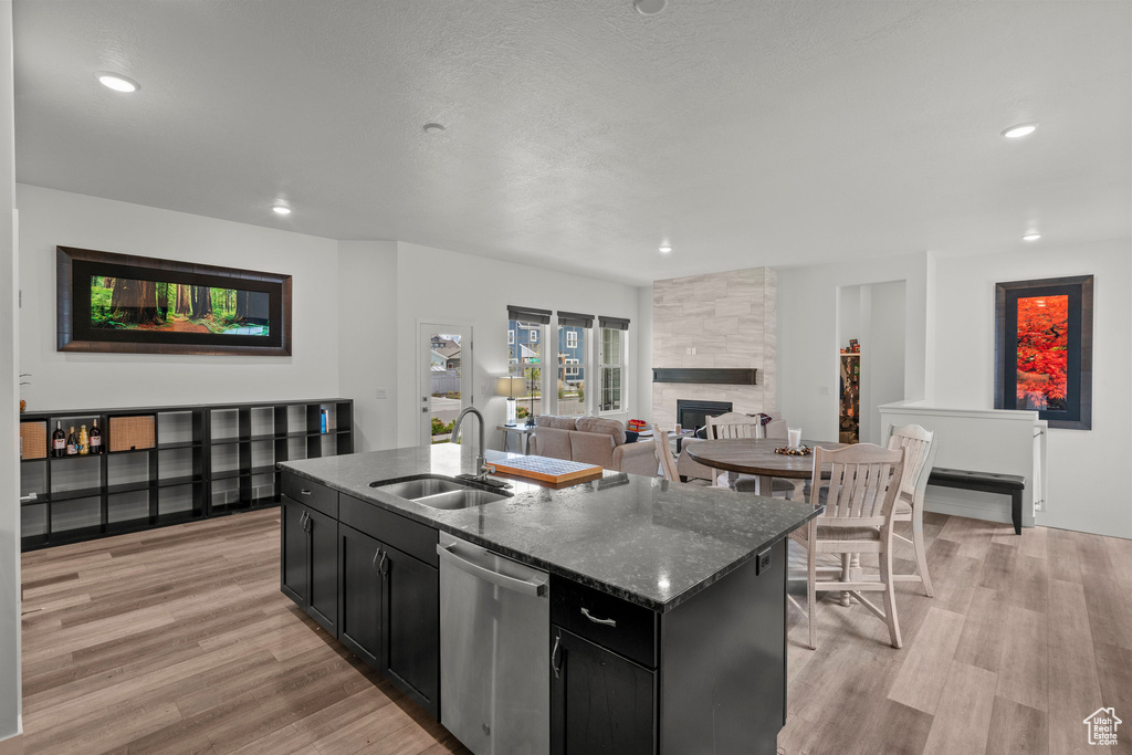 Kitchen with a sink, stainless steel dishwasher, dark cabinets, recessed lighting, and light wood-style flooring