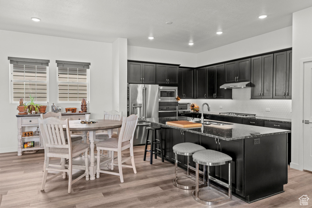 Kitchen featuring a sink, stainless steel appliances, dark cabinetry, under cabinet range hood, and dark stone countertops