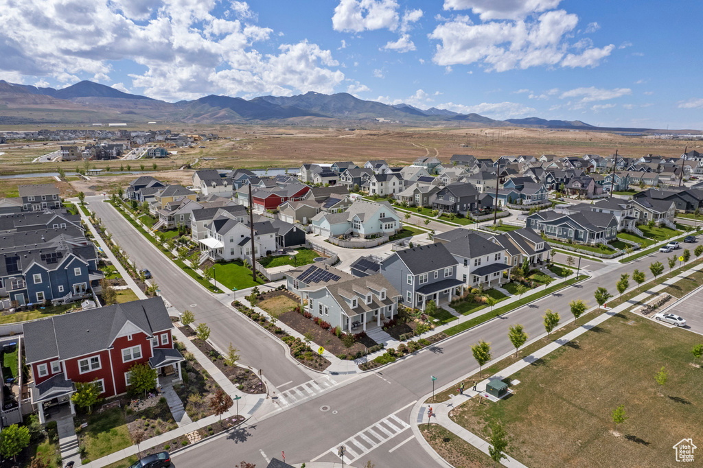 Aerial perspective of suburban area with mountains
