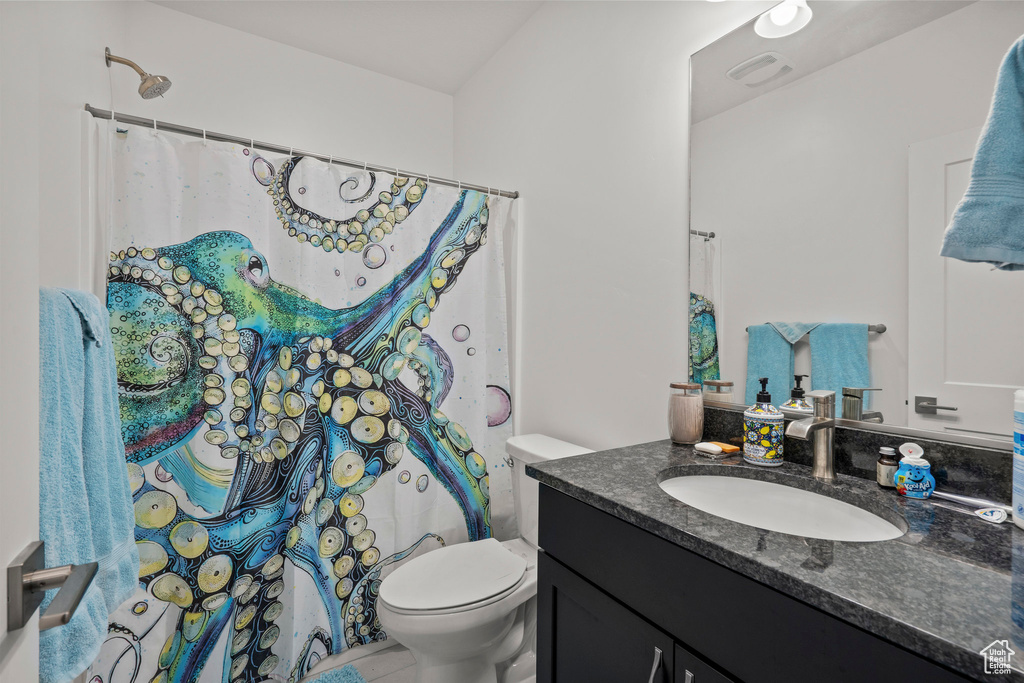 Full bathroom featuring toilet, vanity, and a shower with curtain