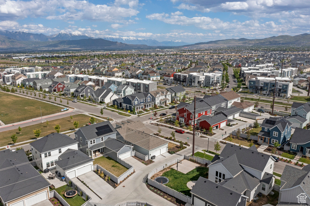 Aerial perspective of suburban area featuring mountains