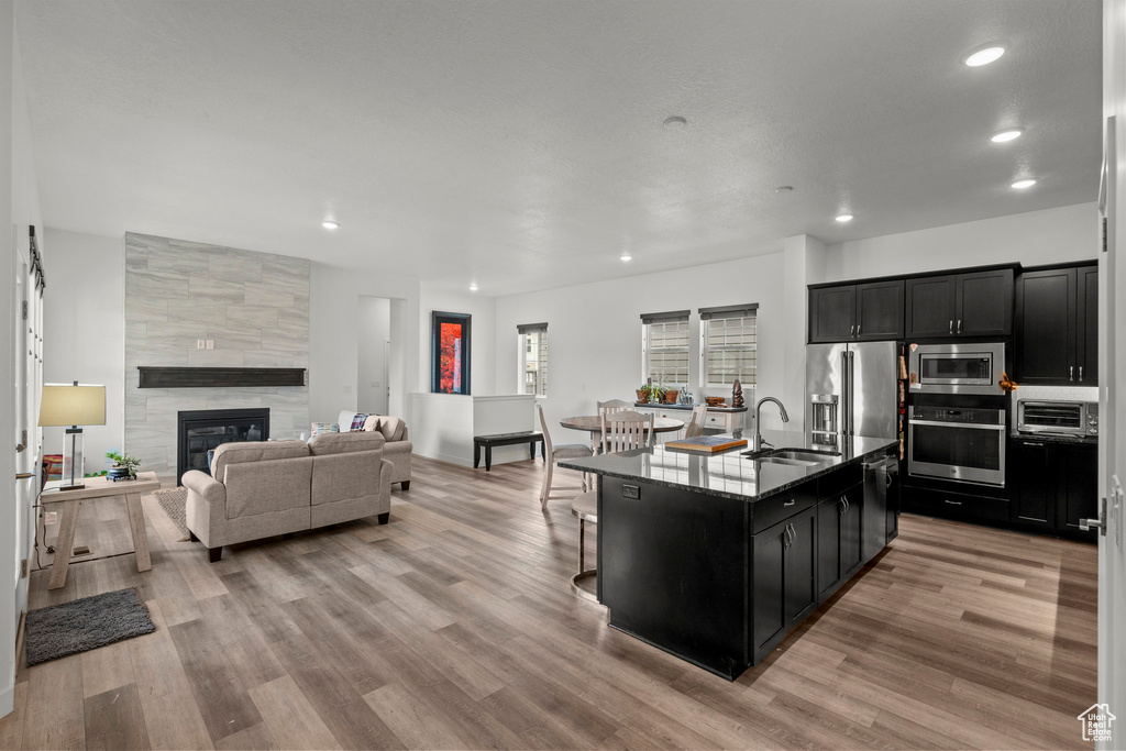 Kitchen with appliances with stainless steel finishes, a sink, dark cabinetry, light wood finished floors, and recessed lighting