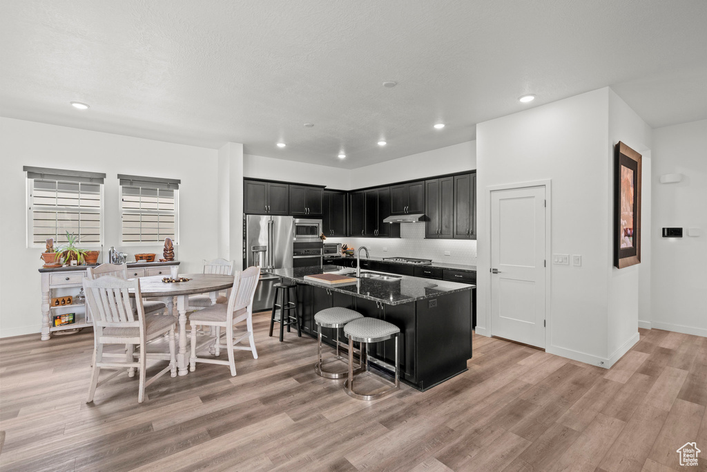 Kitchen featuring appliances with stainless steel finishes, dark cabinetry, light wood-style flooring, an island with sink, and a breakfast bar area