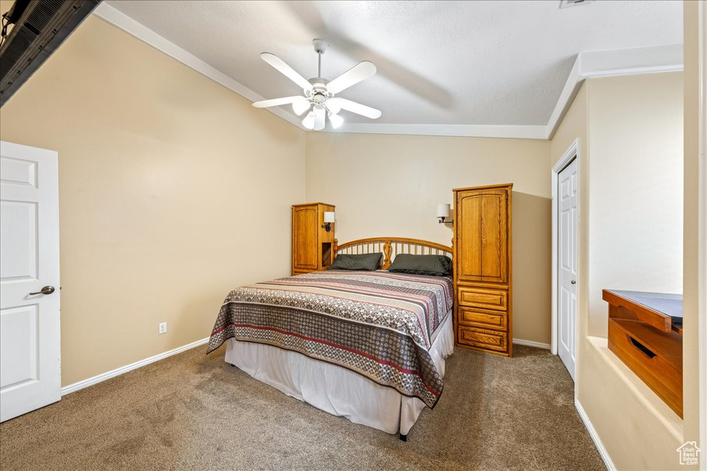 Carpeted bedroom with crown molding, vaulted ceiling, a ceiling fan, and baseboards