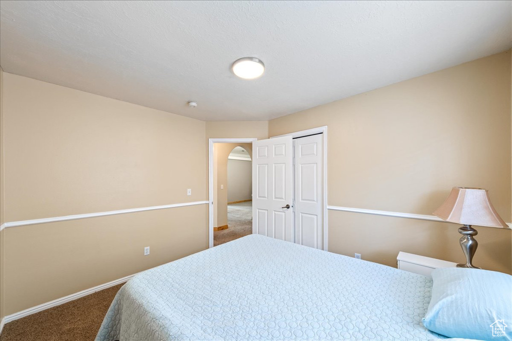 Bedroom featuring carpet flooring, a closet, baseboards, and arched walkways
