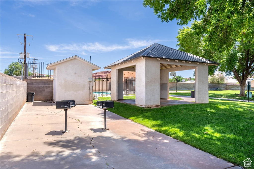 View of patio with a gazebo