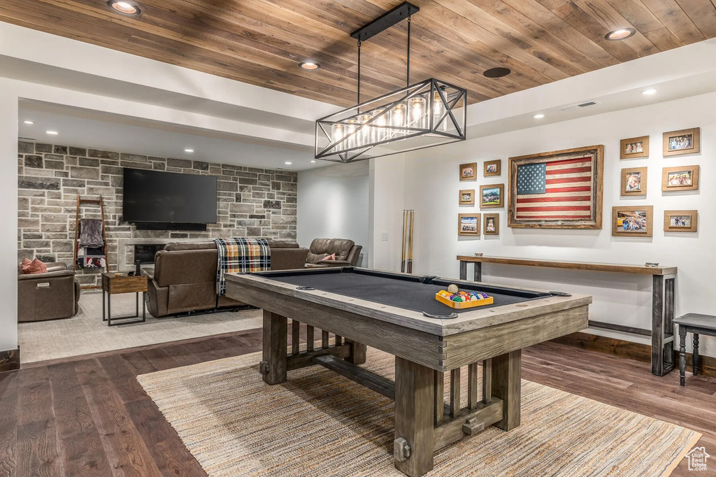 Playroom with wooden ceiling, dark wood-style floors, recessed lighting, pool table, and baseboards