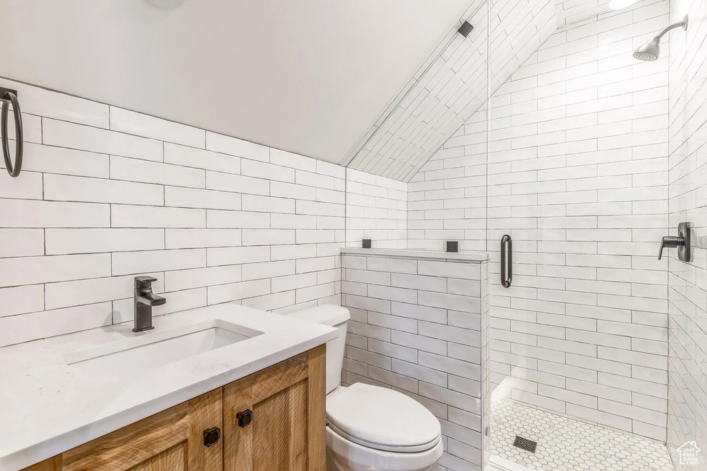 Full bathroom with tile walls, a stall shower, toilet, and vanity