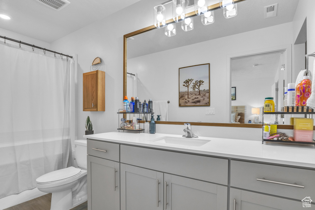 Bathroom with toilet, vanity, wood finished floors, and a shower with shower curtain