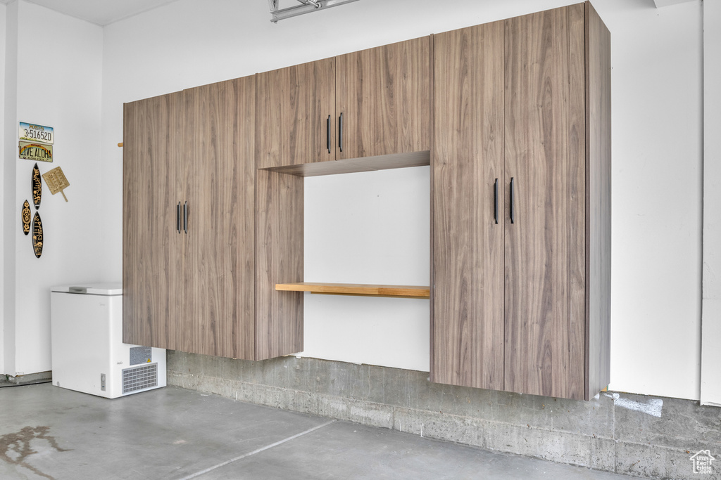 Garage with refrigerator