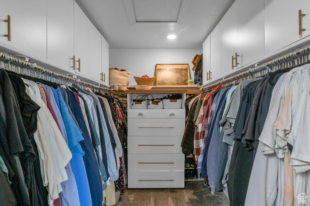 Spacious closet with attic access and dark colored carpet