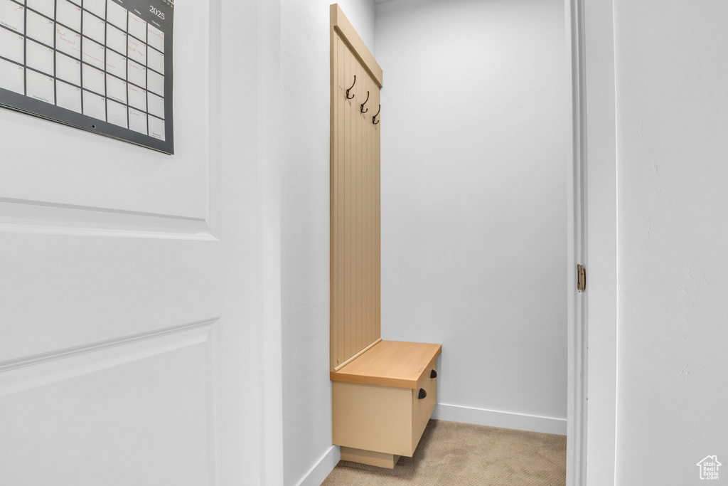 Mudroom with light carpet and baseboards