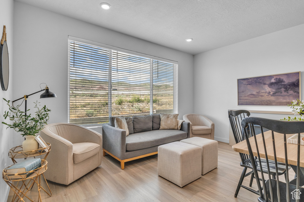 Living room featuring light wood-type flooring, recessed lighting, a textured ceiling, and baseboards