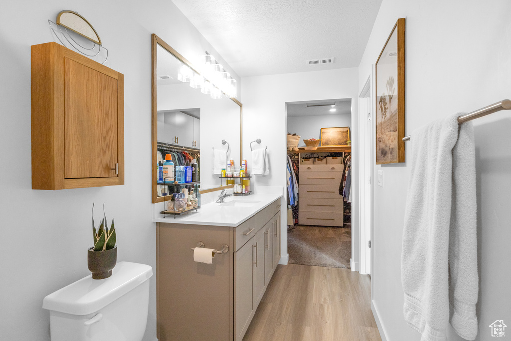 Bathroom with wood finished floors, vanity, toilet, and a spacious closet