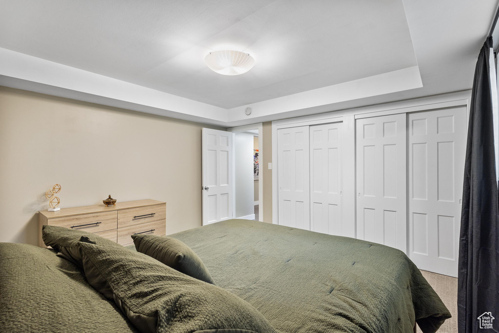 Carpeted bedroom with a tray ceiling and a closet