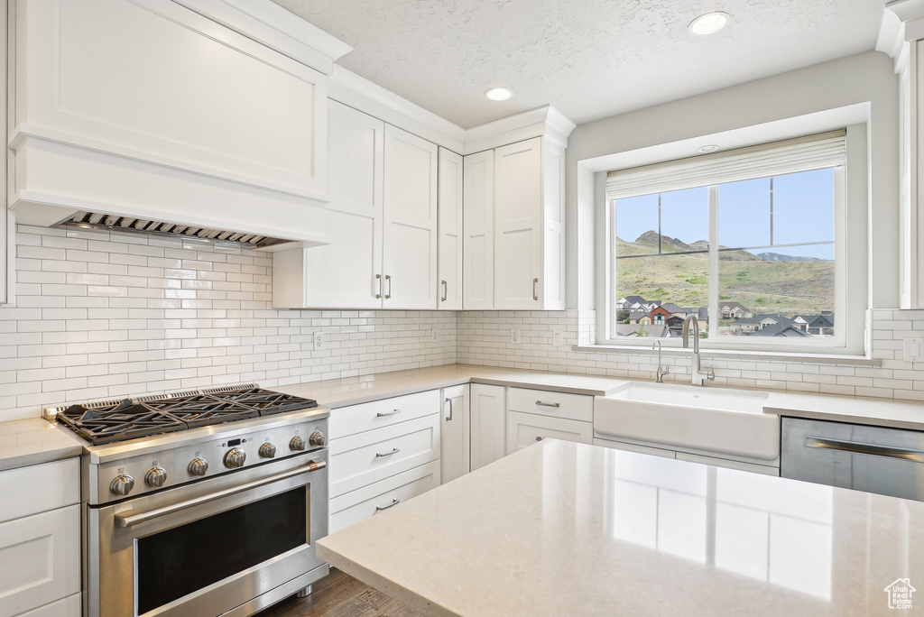 Kitchen with appliances with stainless steel finishes, a sink, wood finished floors, decorative backsplash, and white cabinets