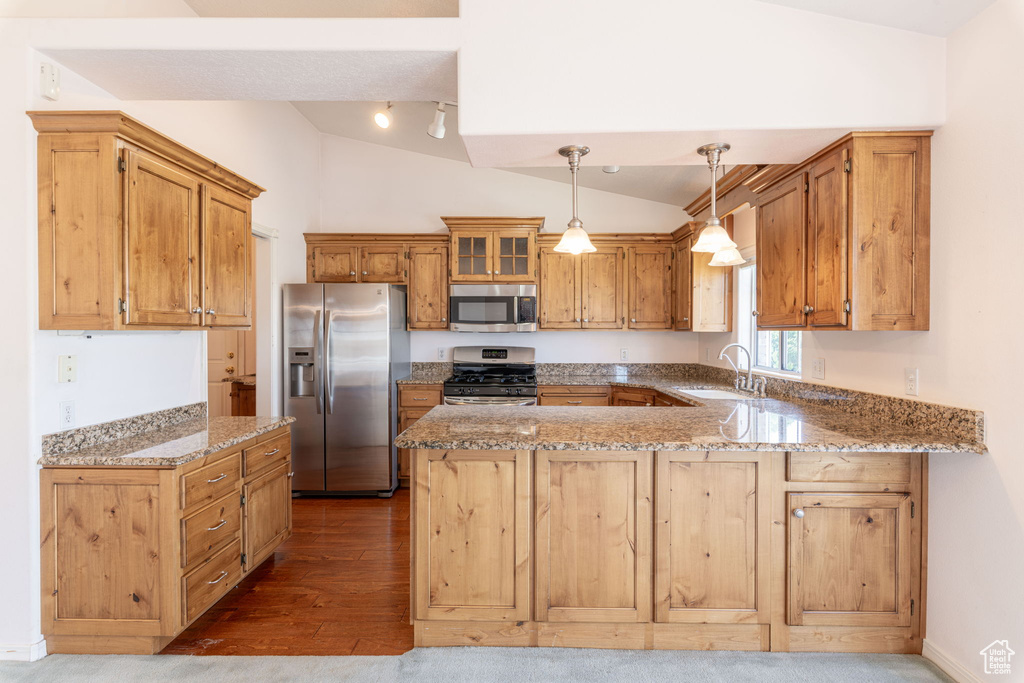 Kitchen featuring stainless steel appliances, vaulted ceiling, a sink, a peninsula, and wood finished floors