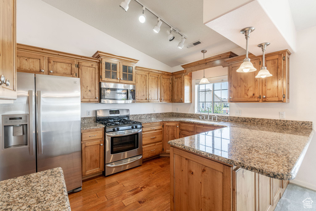 Kitchen featuring appliances with stainless steel finishes, a sink, lofted ceiling, rail lighting, and a peninsula