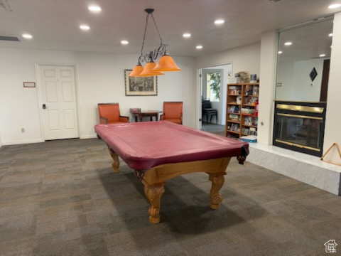 Playroom featuring recessed lighting, carpet, a premium fireplace, billiards table, and baseboards