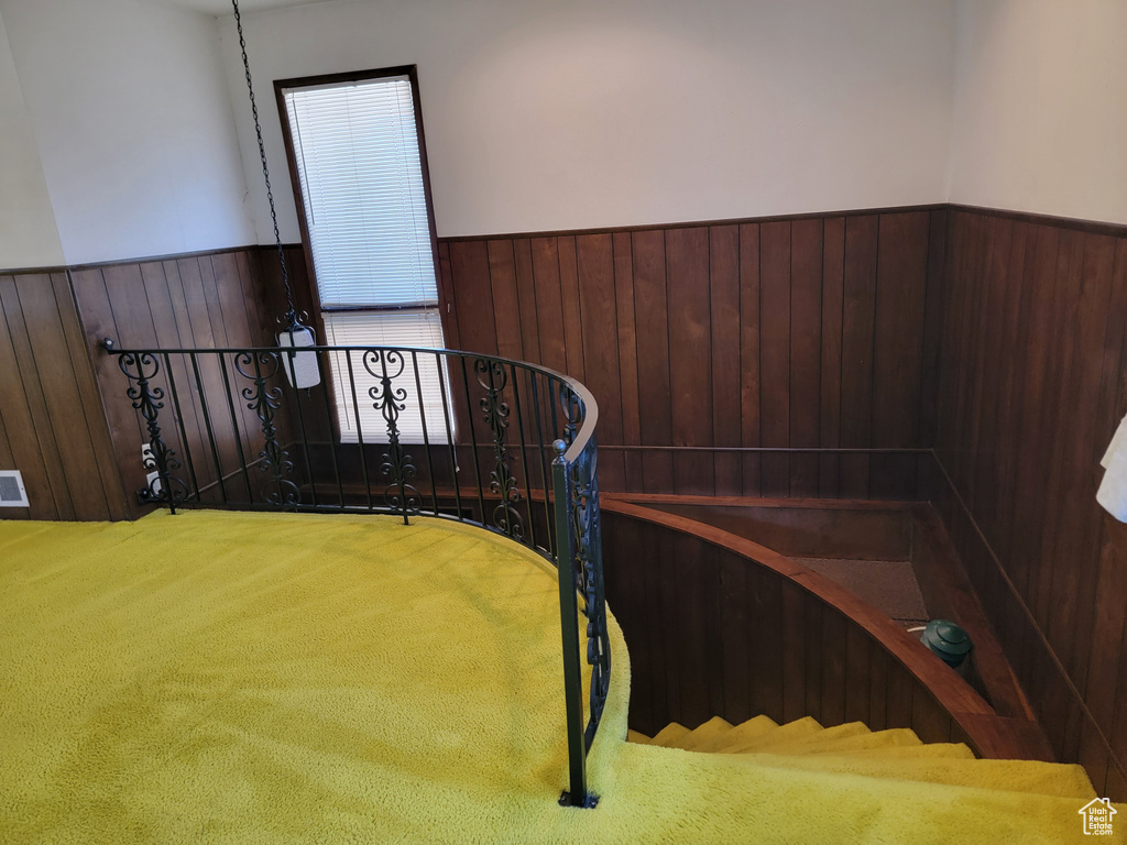 Staircase with a wainscoted wall, carpet, and wooden walls
