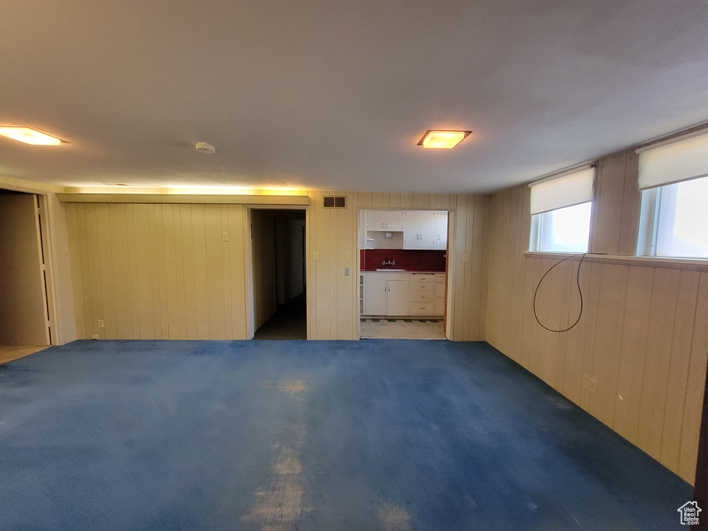 Below grade area with wooden walls and carpet