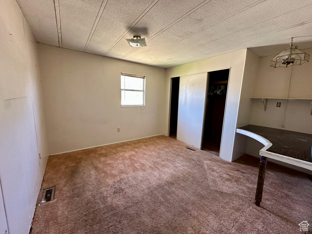 Unfurnished bedroom featuring carpet floors, a closet, and a textured ceiling