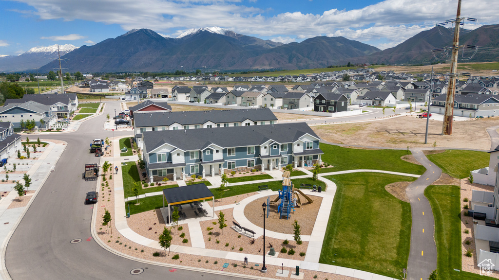 Aerial perspective of suburban area featuring mountains