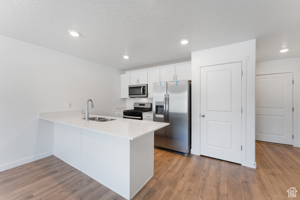 Kitchen featuring stainless steel appliances, a sink, light wood-style floors, a peninsula, and recessed lighting