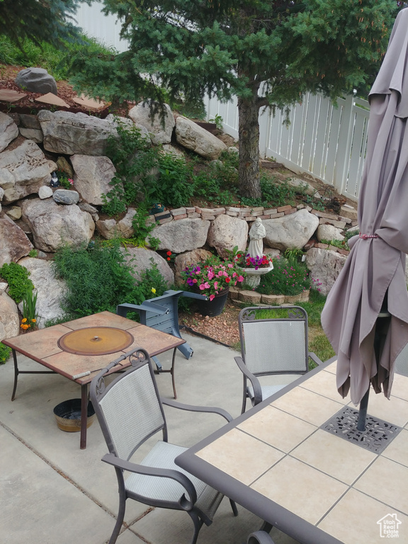 View of patio / terrace featuring fence and outdoor dining space
