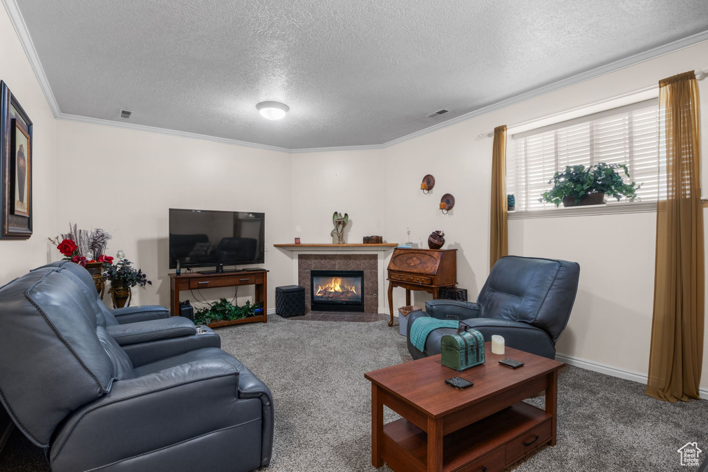Carpeted living room with a textured ceiling, ornamental molding, a fireplace with flush hearth, and baseboards