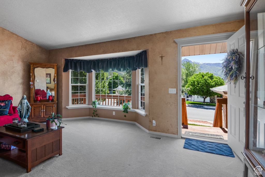 Foyer entrance with carpet floors, a textured ceiling, and baseboards