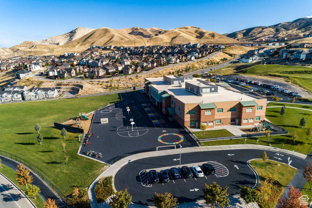Aerial perspective of suburban area featuring mountains