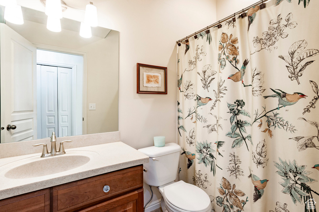 Bathroom with vanity, toilet, and a shower with shower curtain
